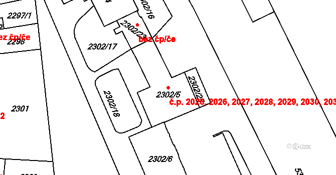 Východní Předměstí 2025,2026,2027,2028,, Plzeň na parcele st. 2302/5 v KÚ Plzeň, Katastrální mapa