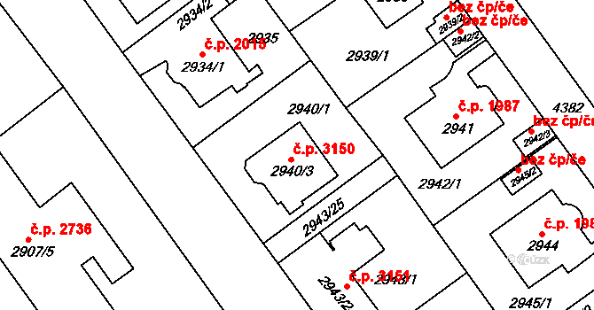 Teplice 3150 na parcele st. 2940/3 v KÚ Teplice, Katastrální mapa