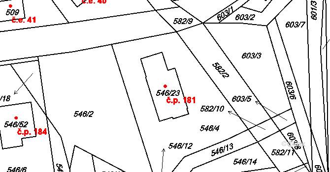 Chaloupky 181 na parcele st. 546/23 v KÚ Chaloupky, Katastrální mapa
