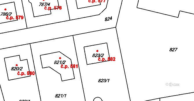 Dlouhá Loučka 582 na parcele st. 823/2 v KÚ Dolní Dlouhá Loučka, Katastrální mapa