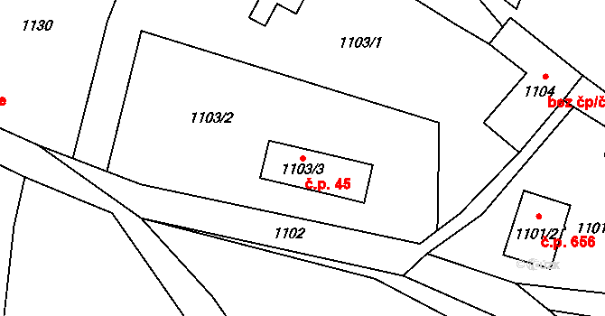 Měřín 45 na parcele st. 1103/3 v KÚ Měřín, Katastrální mapa