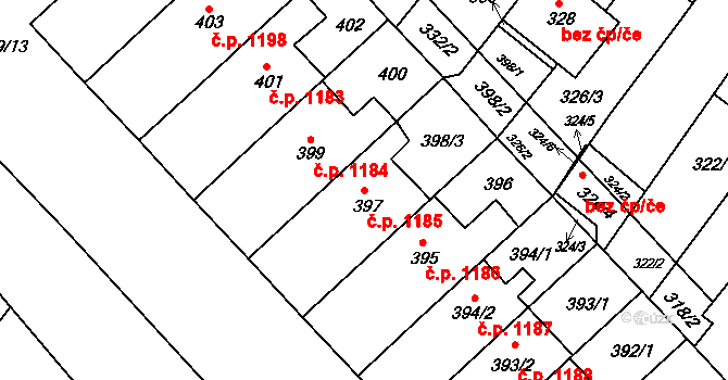 Hluk 1185 na parcele st. 397 v KÚ Hluk, Katastrální mapa