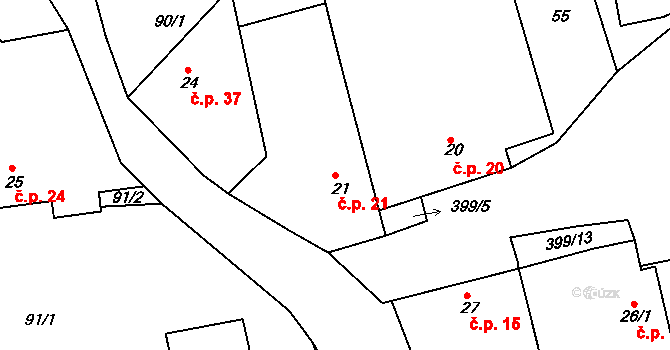 Srbce 21, Luže na parcele st. 21 v KÚ Srbce u Luže, Katastrální mapa