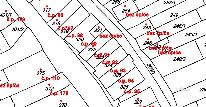 Velešovice 92 na parcele st. 323 v KÚ Velešovice, Katastrální mapa