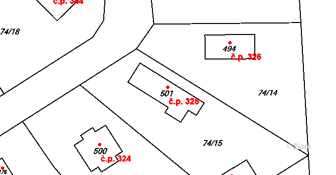 Broumy 325 na parcele st. 501 v KÚ Broumy, Katastrální mapa