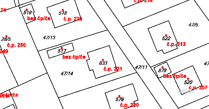 Třebotov 221 na parcele st. 633 v KÚ Třebotov, Katastrální mapa