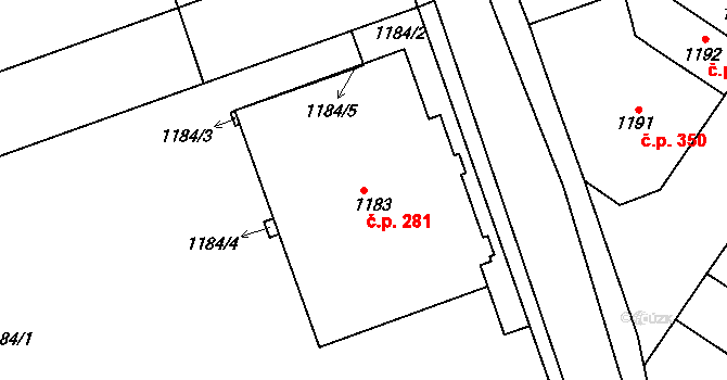 Rájec 281, Rájec-Jestřebí na parcele st. 1183 v KÚ Rájec nad Svitavou, Katastrální mapa