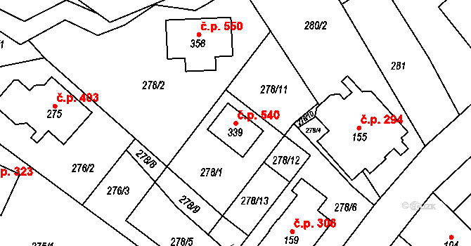 Tuchoměřice 540 na parcele st. 339 v KÚ Kněžívka, Katastrální mapa