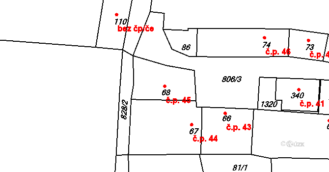 Líšťany 45 na parcele st. 68 v KÚ Líšťany u Cítolib, Katastrální mapa