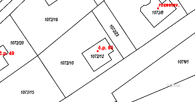 Radomilice 50, Dříteň na parcele st. 1072/12 v KÚ Záblatí, Katastrální mapa