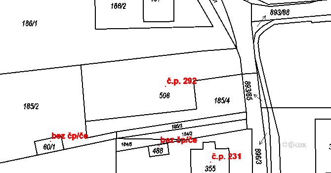 Březůvky 292 na parcele st. 506 v KÚ Březůvky, Katastrální mapa