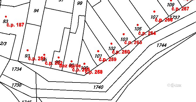 Bochoř 259 na parcele st. 101 v KÚ Bochoř, Katastrální mapa