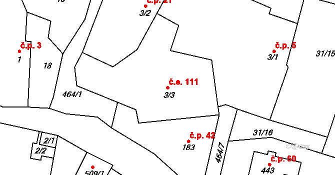 Husinec 111 na parcele st. 3/3 v KÚ Husinec u Řeže, Katastrální mapa