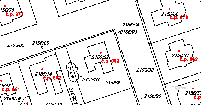 Lužice 863 na parcele st. 2156/32 v KÚ Lužice u Hodonína, Katastrální mapa
