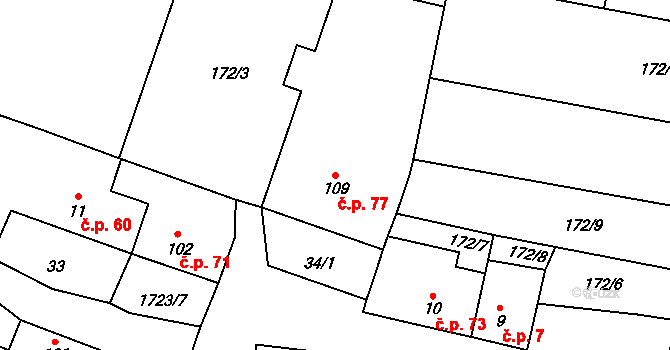 Medlovice 77 na parcele st. 109/1 v KÚ Medlovice, Katastrální mapa