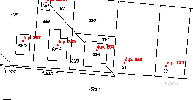 Mochov 293 na parcele st. 33/4 v KÚ Mochov, Katastrální mapa