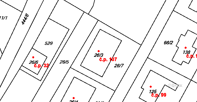 Sovínky 107 na parcele st. 26/3 v KÚ Sovínky, Katastrální mapa