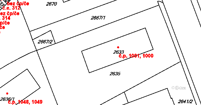 Hulín 1000,1001 na parcele st. 2633 v KÚ Hulín, Katastrální mapa