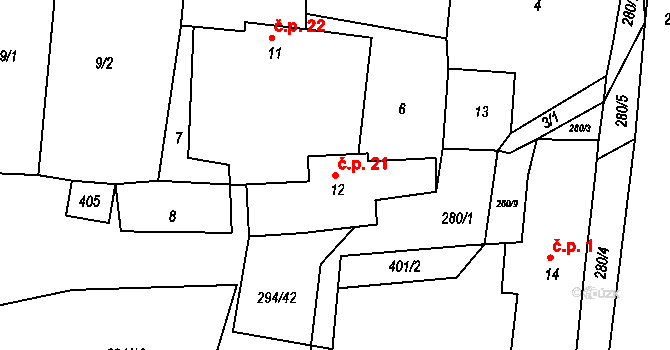 Hvozdečko 21, Bouzov na parcele st. 12 v KÚ Hvozdečko, Katastrální mapa