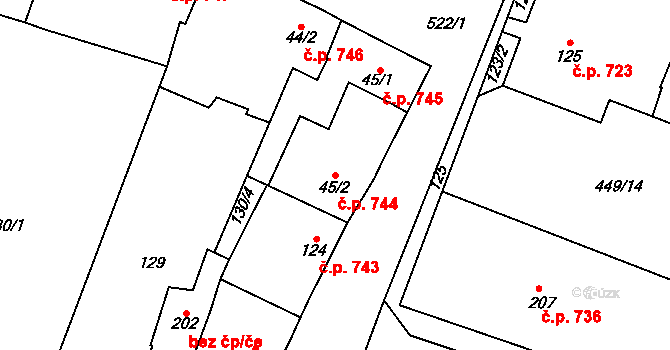Loučany 744 na parcele st. 45/2 v KÚ Loučany na Hané, Katastrální mapa