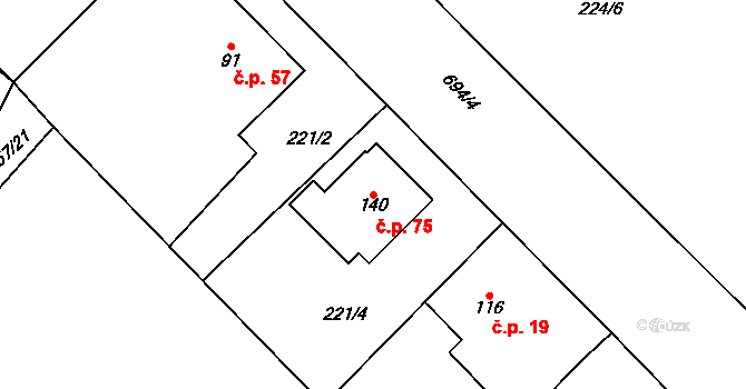 Milovice u Hořic 75 na parcele st. 140 v KÚ Milovice u Hořic, Katastrální mapa
