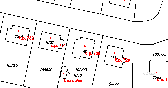 Hluboká nad Vltavou 730 na parcele st. 992 v KÚ Hluboká nad Vltavou, Katastrální mapa