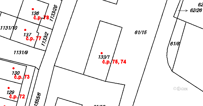 Dynín 74,75 na parcele st. 133/1 v KÚ Dynín, Katastrální mapa