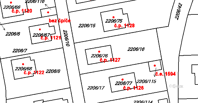 Pelhřimov 1127 na parcele st. 2206/76 v KÚ Pelhřimov, Katastrální mapa