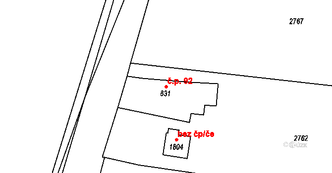Pecínov 92, Nové Strašecí na parcele st. 831 v KÚ Nové Strašecí, Katastrální mapa