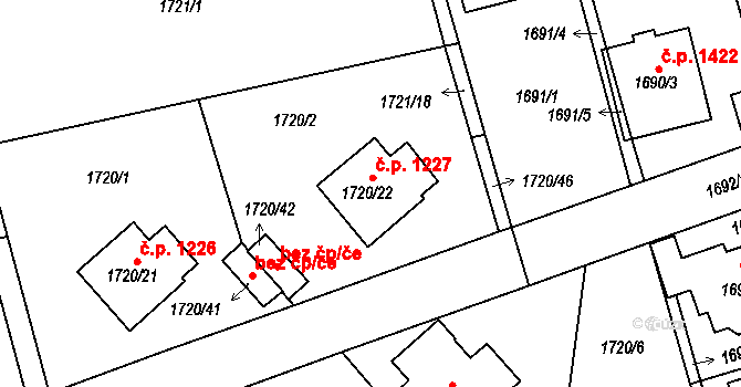 Radotín 1227, Praha na parcele st. 1720/22 v KÚ Radotín, Katastrální mapa