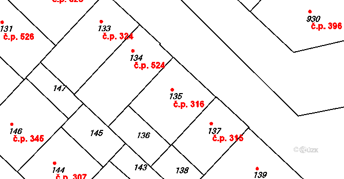 Dejvice 316, Praha na parcele st. 135 v KÚ Dejvice, Katastrální mapa