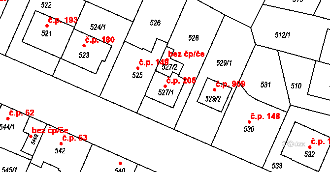 Čimice 205, Praha na parcele st. 527/1 v KÚ Čimice, Katastrální mapa