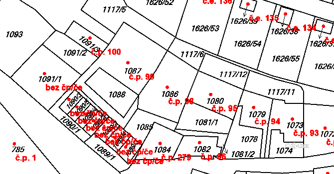 Teplické Předměstí 98, Bílina na parcele st. 1086 v KÚ Bílina, Katastrální mapa