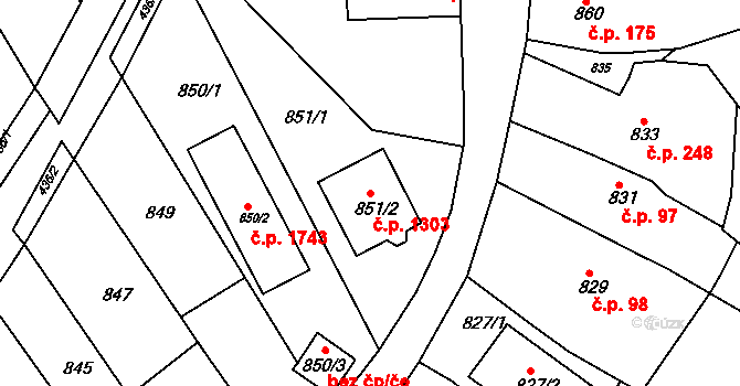 Kuřim 1303 na parcele st. 851/2 v KÚ Kuřim, Katastrální mapa