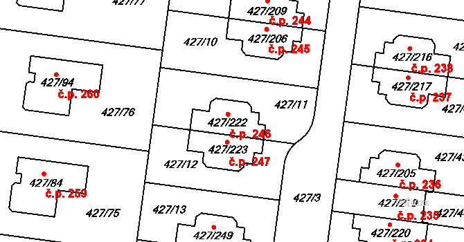 Březiněves 246, Praha na parcele st. 427/222 v KÚ Březiněves, Katastrální mapa