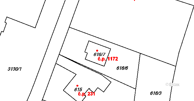 Lyžbice 1172, Třinec na parcele st. 616/7 v KÚ Lyžbice, Katastrální mapa