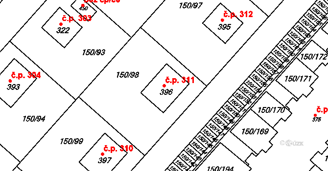 Mratín 311 na parcele st. 396 v KÚ Mratín, Katastrální mapa