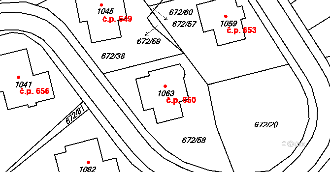 Prštné 650, Zlín na parcele st. 1063 v KÚ Prštné, Katastrální mapa