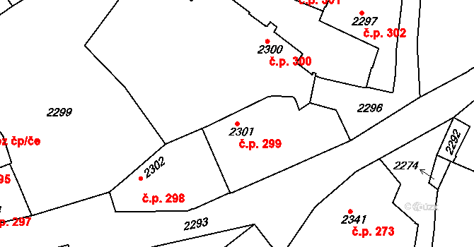 Jemnice 299 na parcele st. 2301 v KÚ Jemnice, Katastrální mapa