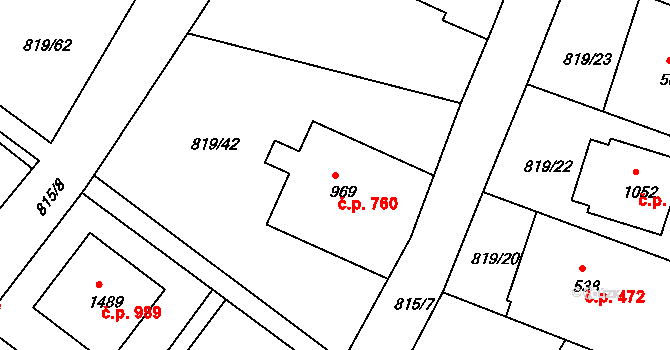 Luhačovice 760 na parcele st. 969 v KÚ Luhačovice, Katastrální mapa