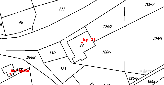 Heřmánkovice 21 na parcele st. 44 v KÚ Heřmánkovice, Katastrální mapa