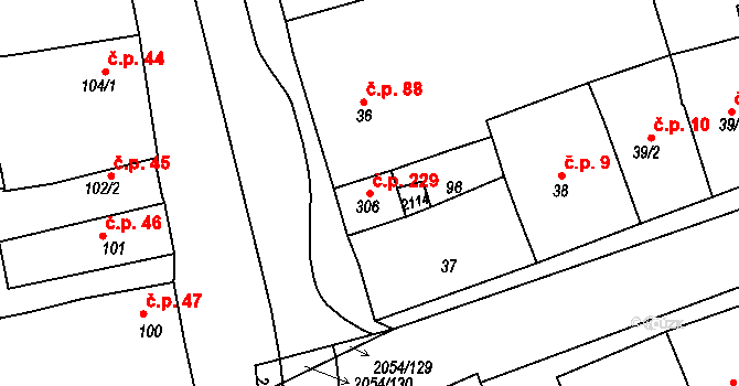 Merklín 229 na parcele st. 306 v KÚ Merklín u Přeštic, Katastrální mapa