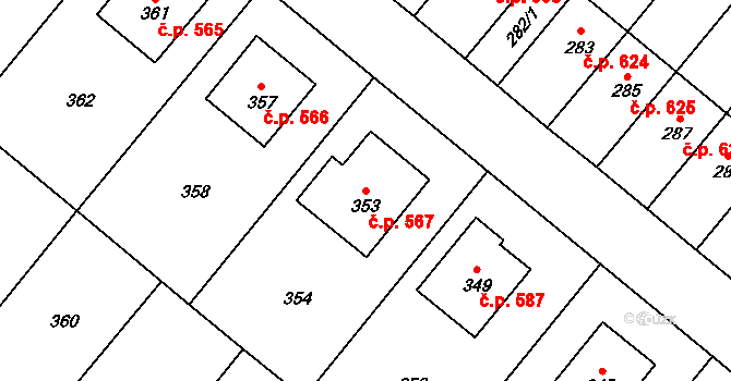 Konice 567 na parcele st. 353 v KÚ Konice, Katastrální mapa