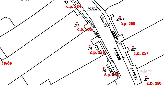 Chlupice 286, Hostěradice na parcele st. 19 v KÚ Chlupice, Katastrální mapa