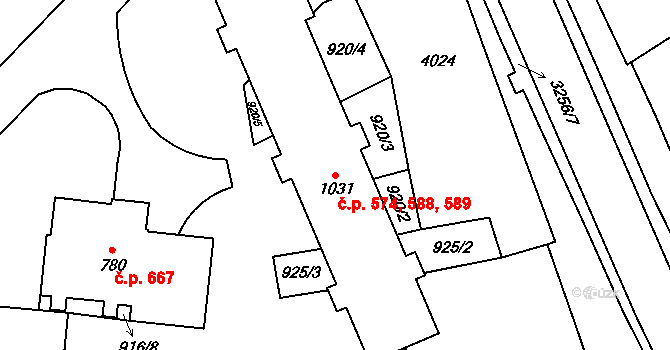 Tovačov I-Město 574,588,589, Tovačov na parcele st. 1031 v KÚ Tovačov, Katastrální mapa