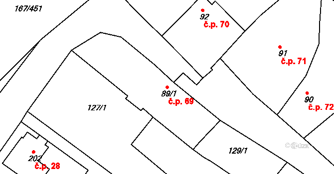 Kovanice 69 na parcele st. 89/1 v KÚ Kovanice, Katastrální mapa