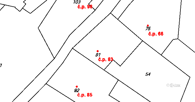 Třebonín 83 na parcele st. 91/1 v KÚ Třebonín, Katastrální mapa
