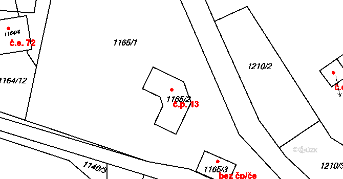 Hradce 13 na parcele st. 1165/2 v KÚ Hradce u Homol, Katastrální mapa