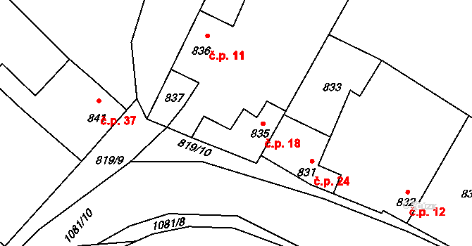 Radomilice 18, Dříteň na parcele st. 835 v KÚ Záblatí, Katastrální mapa