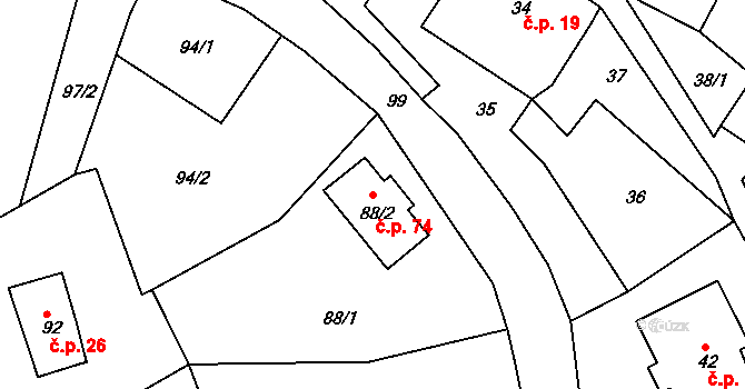 Bohdalovice 74, Velké Hamry na parcele st. 88/2 v KÚ Bohdalovice, Katastrální mapa
